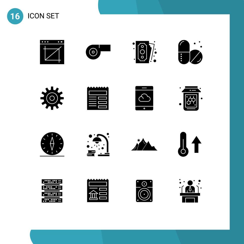 User Interface Pack of 16 Basic Solid Glyphs of cogs setting money gear hospital Editable Vector Design Elements