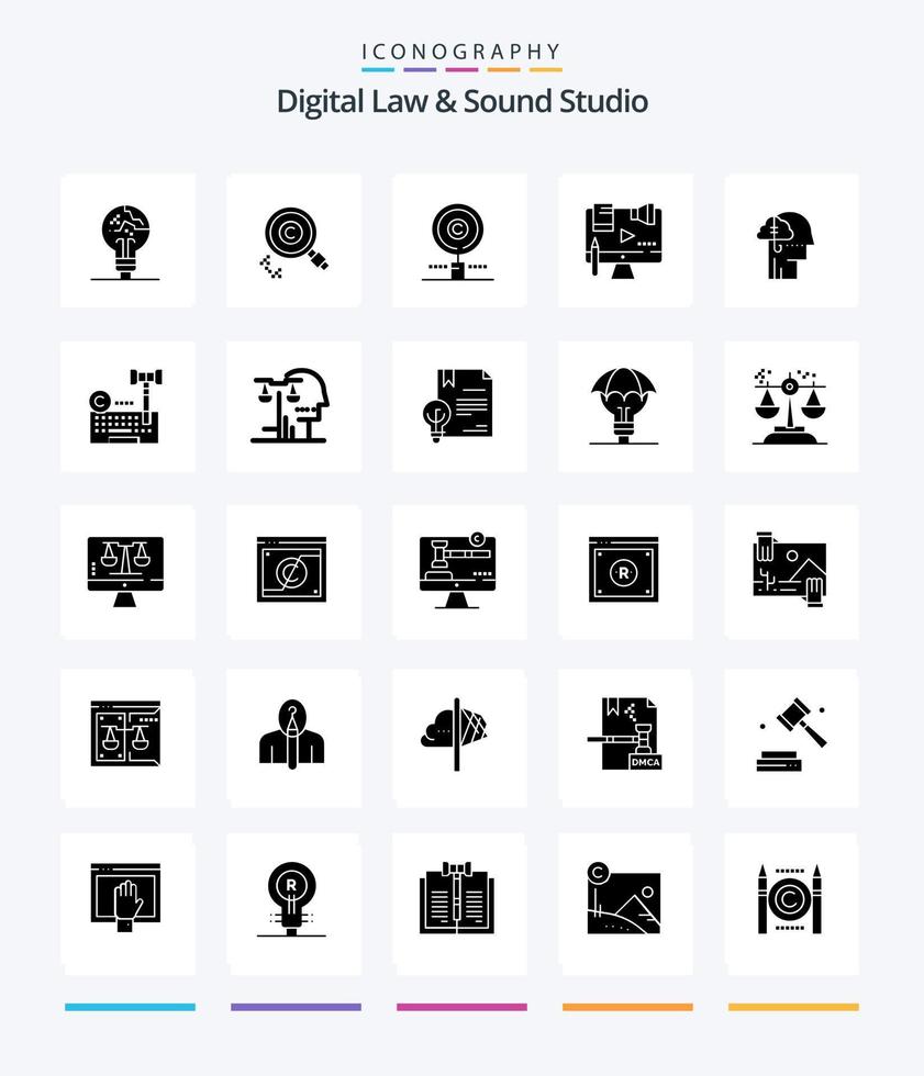 paquete de iconos negros sólidos de 25 glifos de estudio de sonido y derecho digital creativo, como catch. prestamos de ideas. propietario. ley. derechos de autor vector