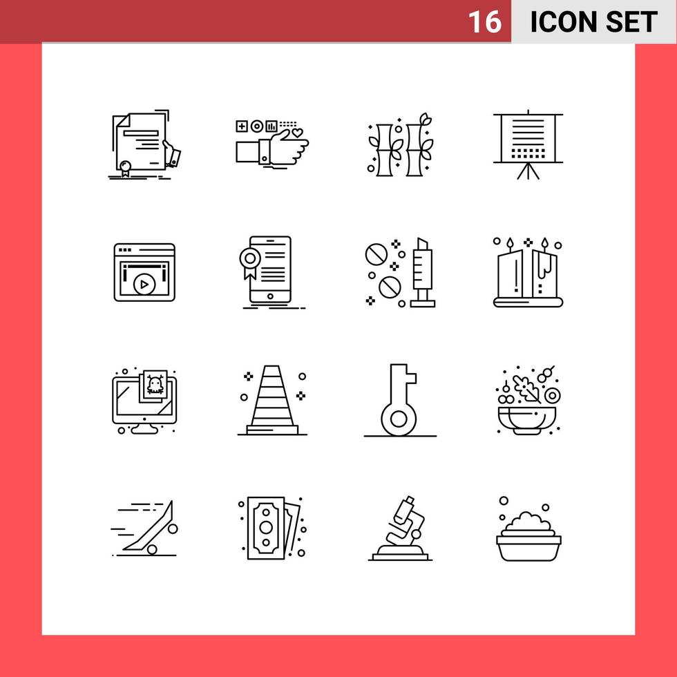 Editable Vector Line Pack of 16 Simple Outlines of web data heart board chinese Editable Vector Design Elements