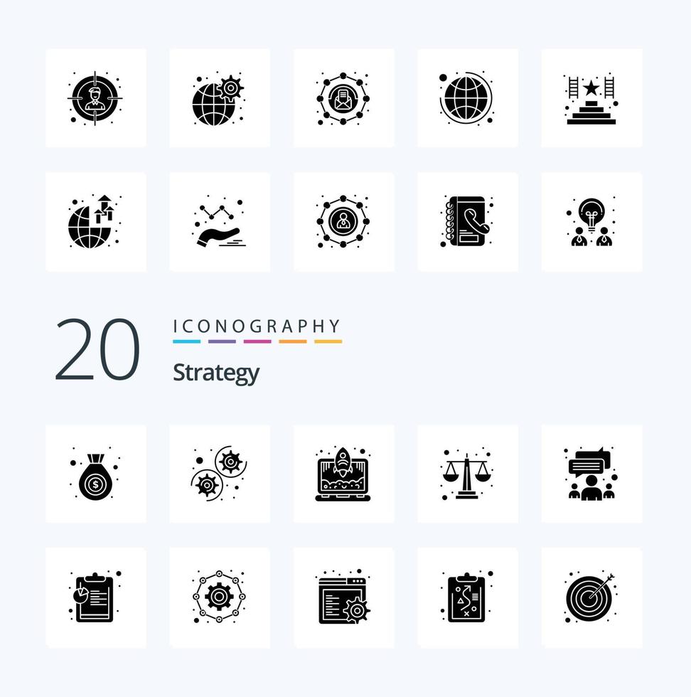 20 Strategy Solid Glyph icon Pack like analysis meeting start up group level vector