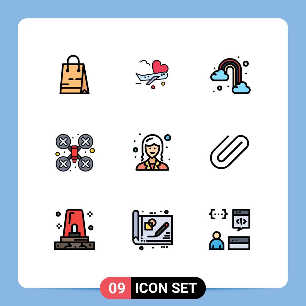 Pictogram Set of 9 Simple Filledline Flat Colors of employee drone robot rain drone camera cam Editable Vector Design Elements