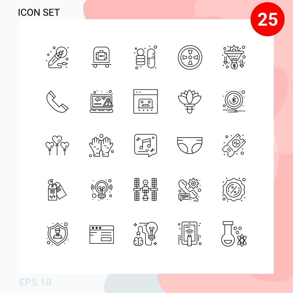 25 User Interface Line Pack of modern Signs and Symbols of funnel conversion bag wind fan Editable Vector Design Elements