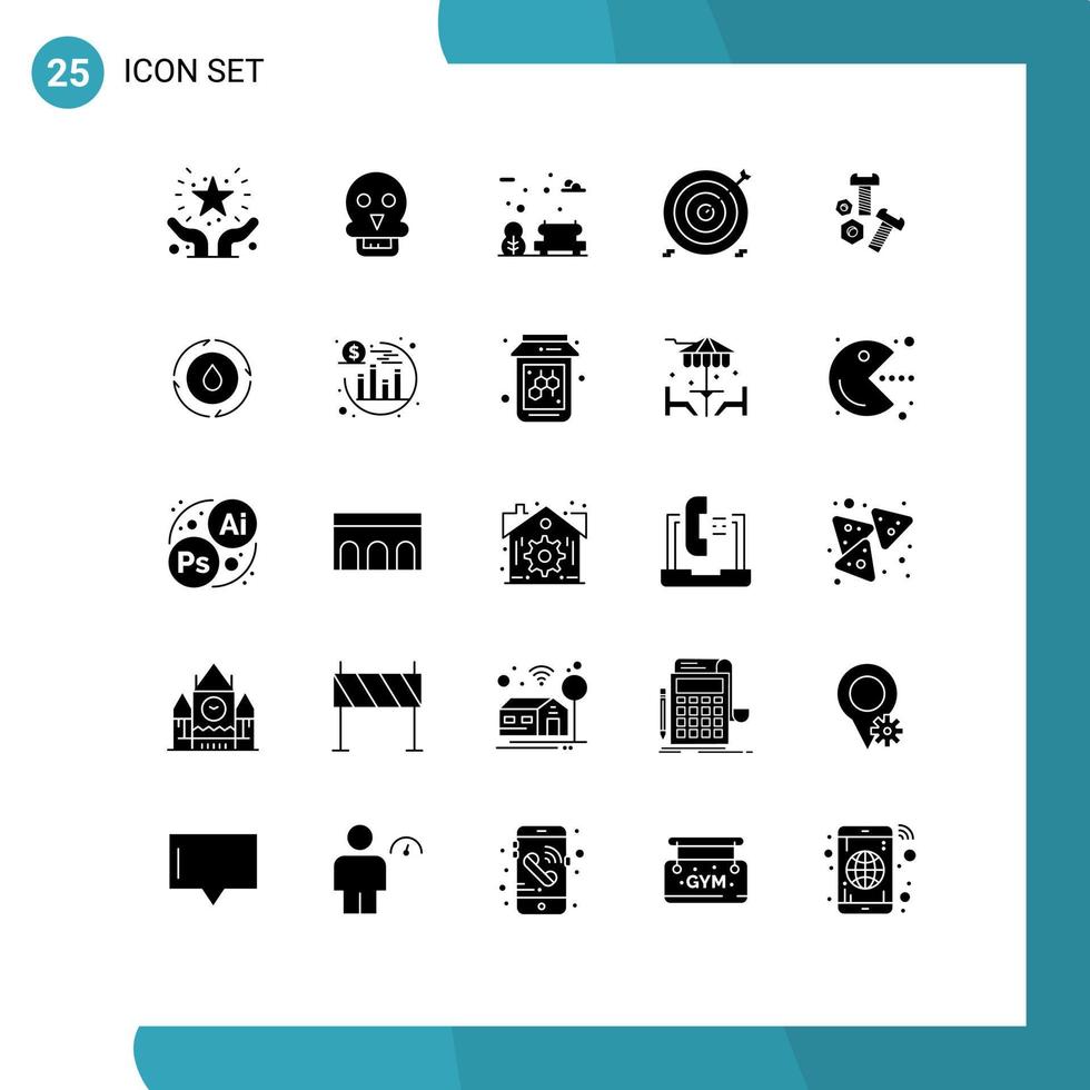 Pack of 25 Modern Solid Glyphs Signs and Symbols for Web Print Media such as bolt financial man cash aim Editable Vector Design Elements