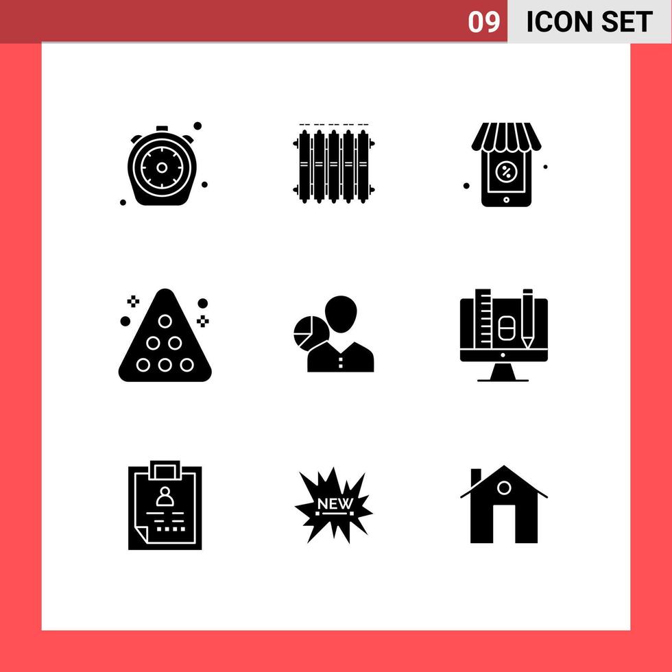 Set of 9 Vector Solid Glyphs on Grid for sport rack warm pool supermarket Editable Vector Design Elements