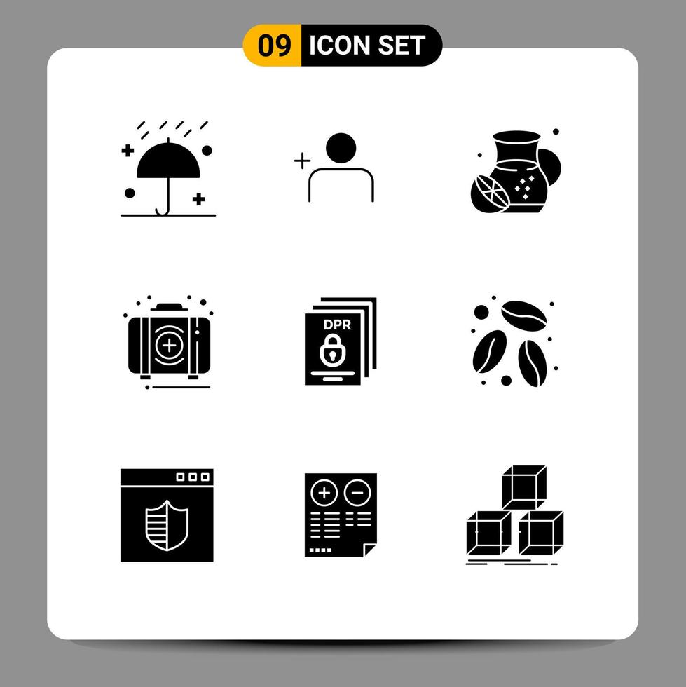 Pictogram Set of 9 Simple Solid Glyphs of data kit food first aid Editable Vector Design Elements