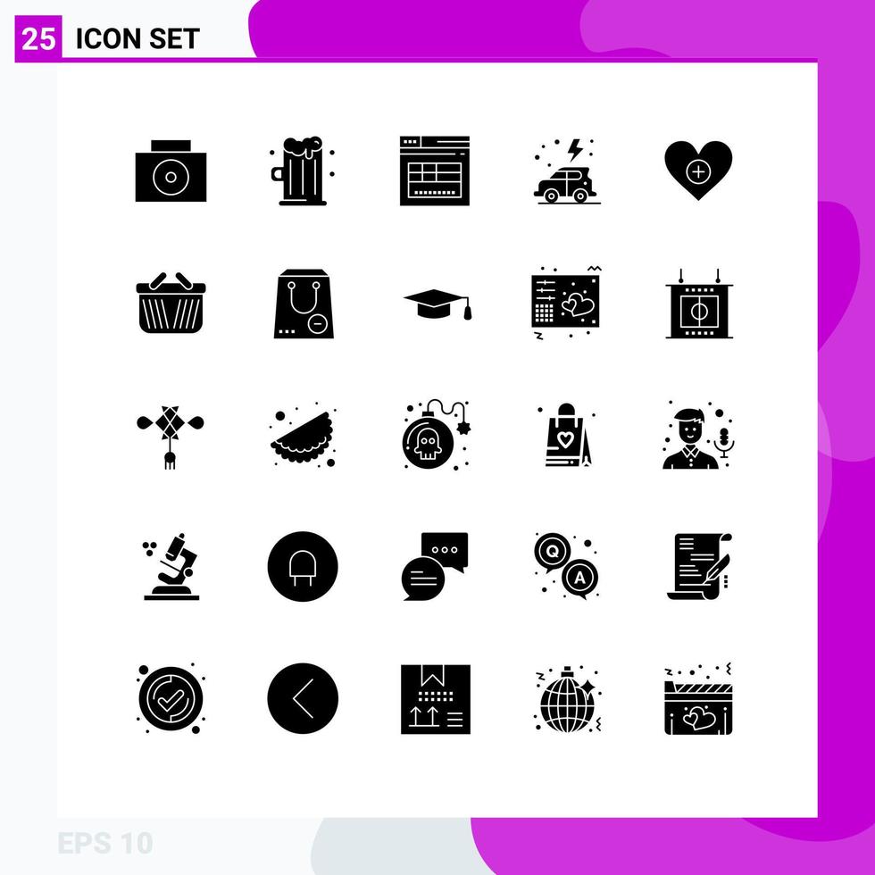 Modern Set of 25 Solid Glyphs Pictograph of basket heart website like car Editable Vector Design Elements