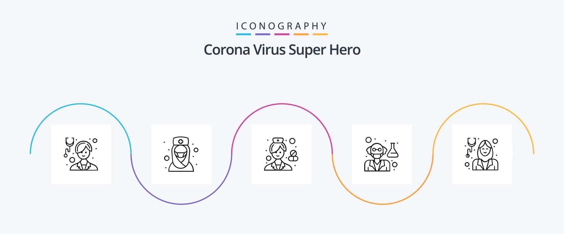 Corona Virus Super Hero Line 5 Icon Pack Including scientist. doctor. muslim doctor. old man. hospital vector