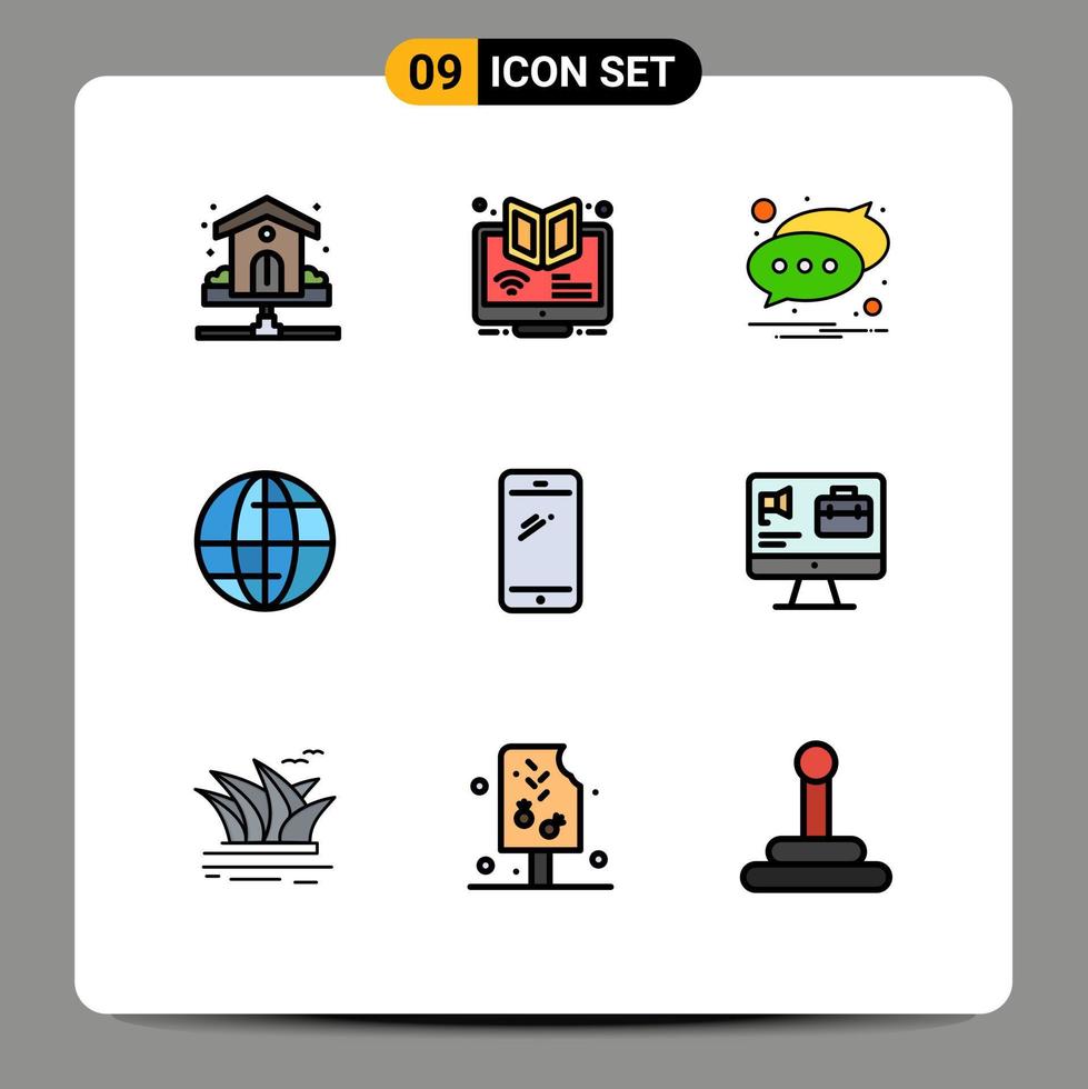 grupo de 9 signos y símbolos de colores planos de línea rellena para elementos de diseño de vectores editables de notificación de texto de seminario web global de Internet