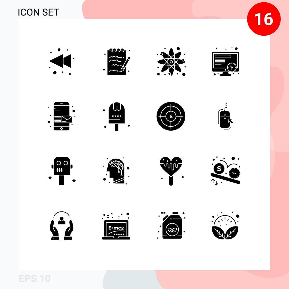 Solid Glyph Pack of 16 Universal Symbols of send message science email time Editable Vector Design Elements