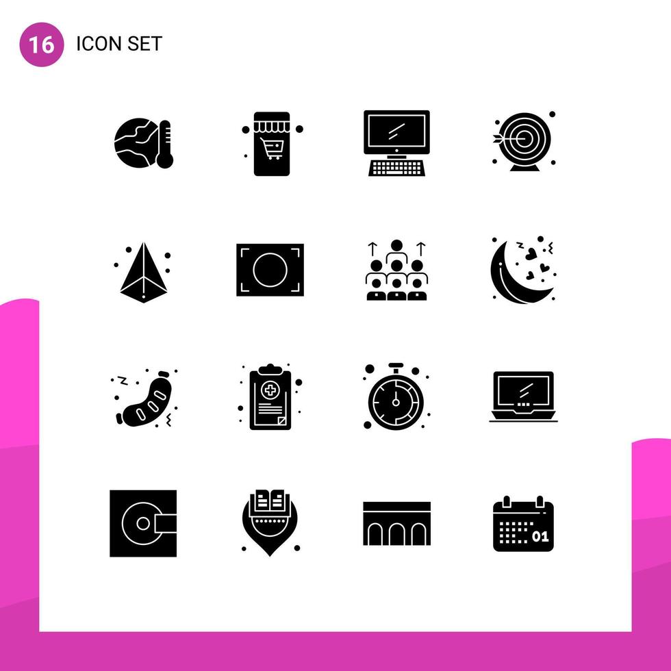 grupo de 16 glifos sólidos modernos establecidos para elementos de diseño de vectores editables de objetivo de computadora de objetivo láser