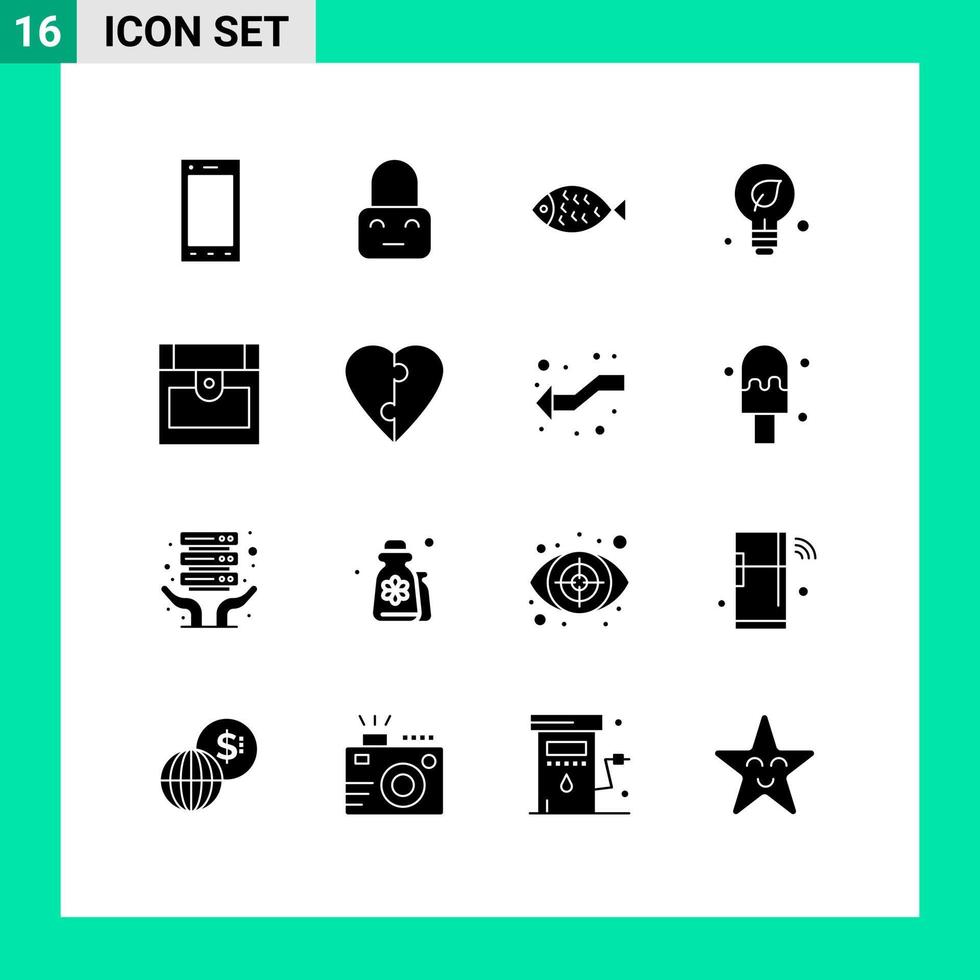 Solid Glyph Pack of 16 Universal Symbols of pirate idea fish green ecology Editable Vector Design Elements