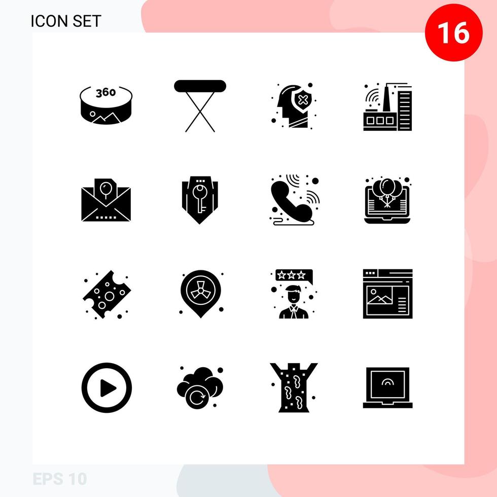 Solid Glyph Pack of 16 Universal Symbols of party holiday human envelope factory Editable Vector Design Elements