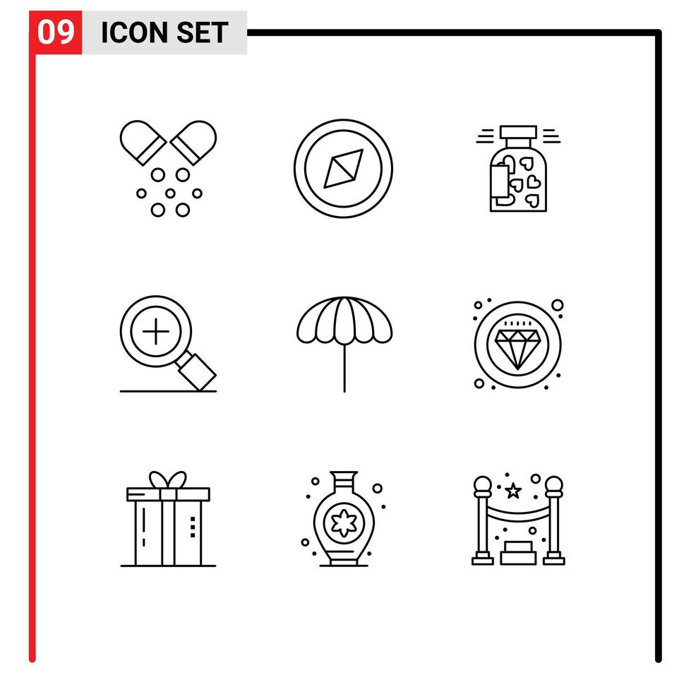 Modern Set of 9 Outlines Pictograph of label weather heart umbrella search Editable Vector Design Elements