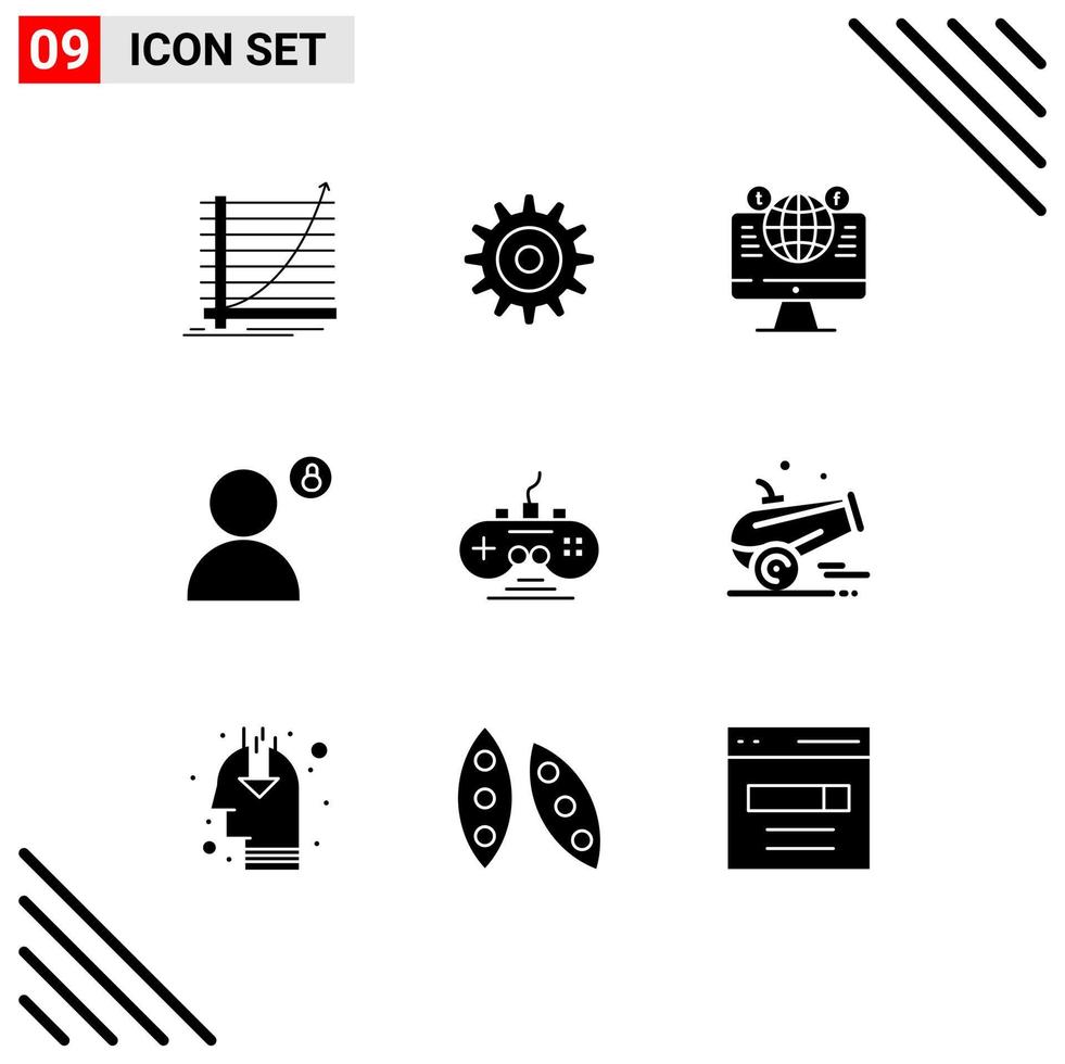 Modern Set of 9 Solid Glyphs Pictograph of profile password website padlock facebook Editable Vector Design Elements