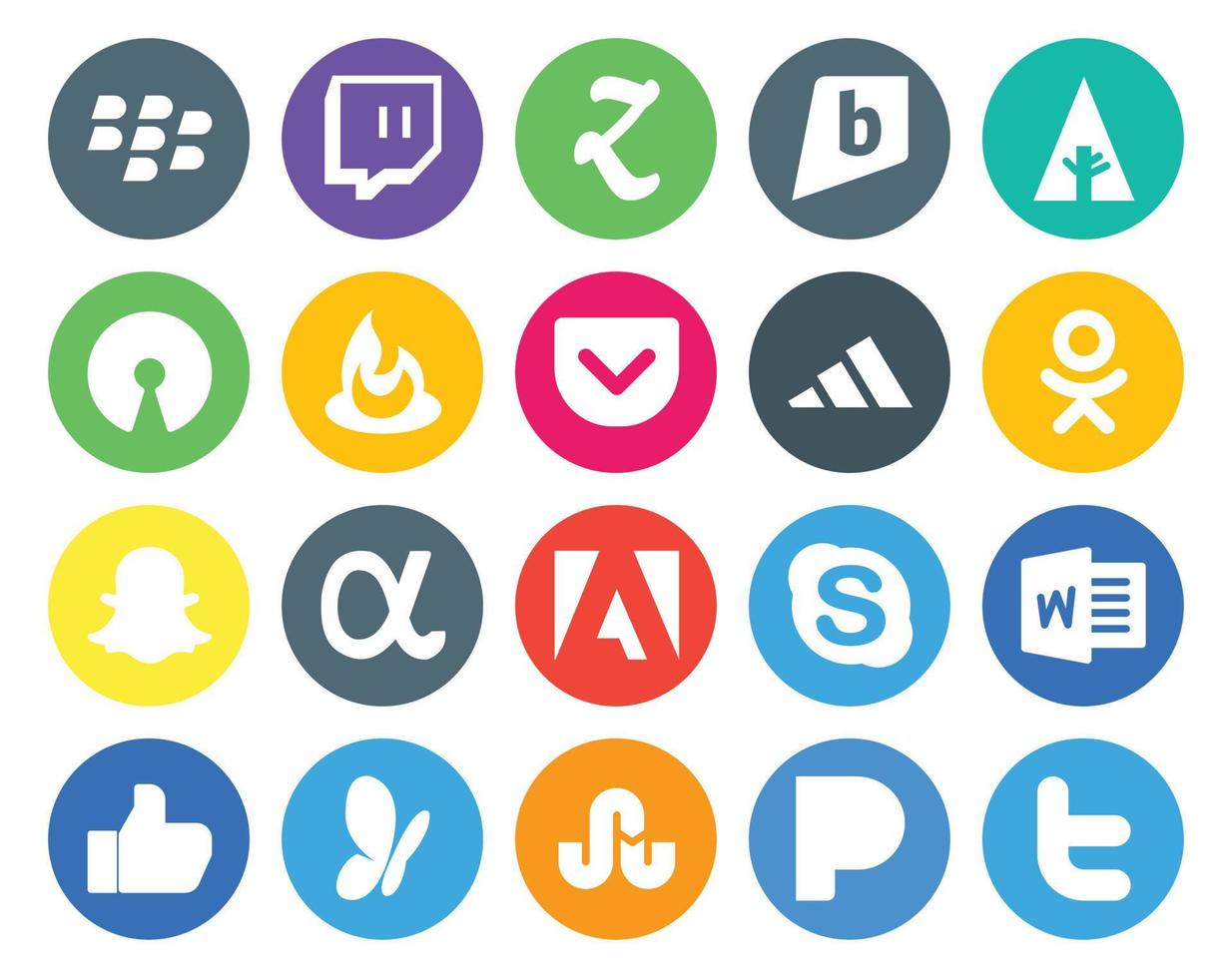 paquete de 20 íconos de redes sociales que incluye msn word adidas chat adobe vector