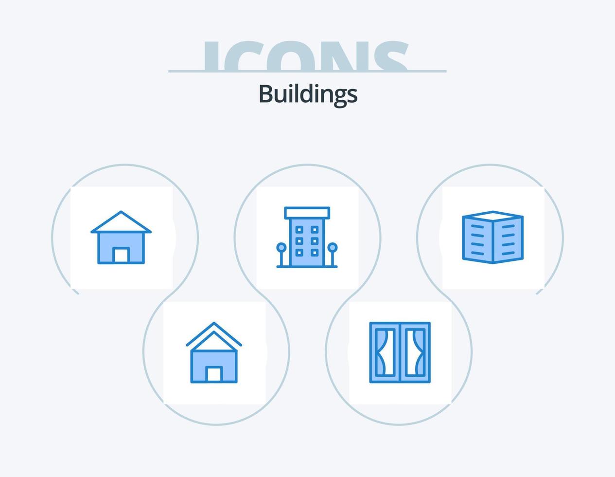 edificios icono azul paquete 5 diseño de iconos. edificio de la ciudad apartamentos casa. Tienda. frente de la tienda vector