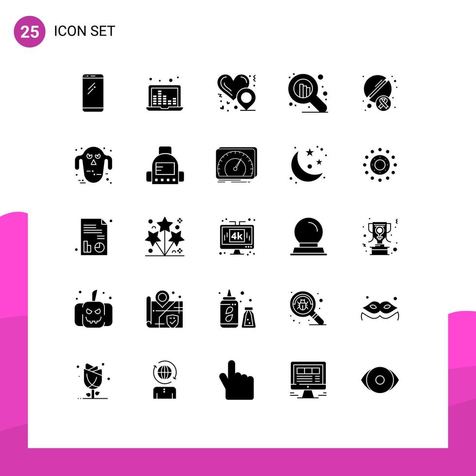 Set of 25 Commercial Solid Glyphs pack for drugs pills sound waves web seo Editable Vector Design Elements