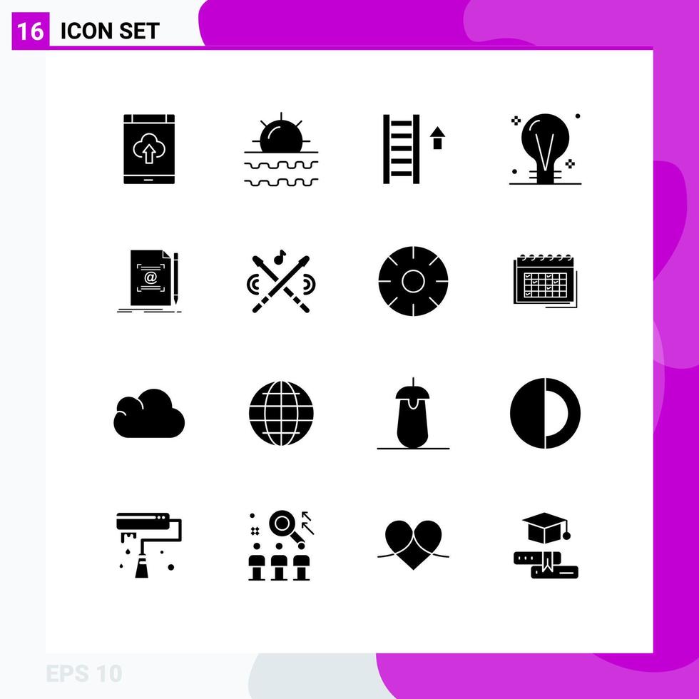 Set of 16 Vector Solid Glyphs on Grid for electric concept travel bulb staircase Editable Vector Design Elements
