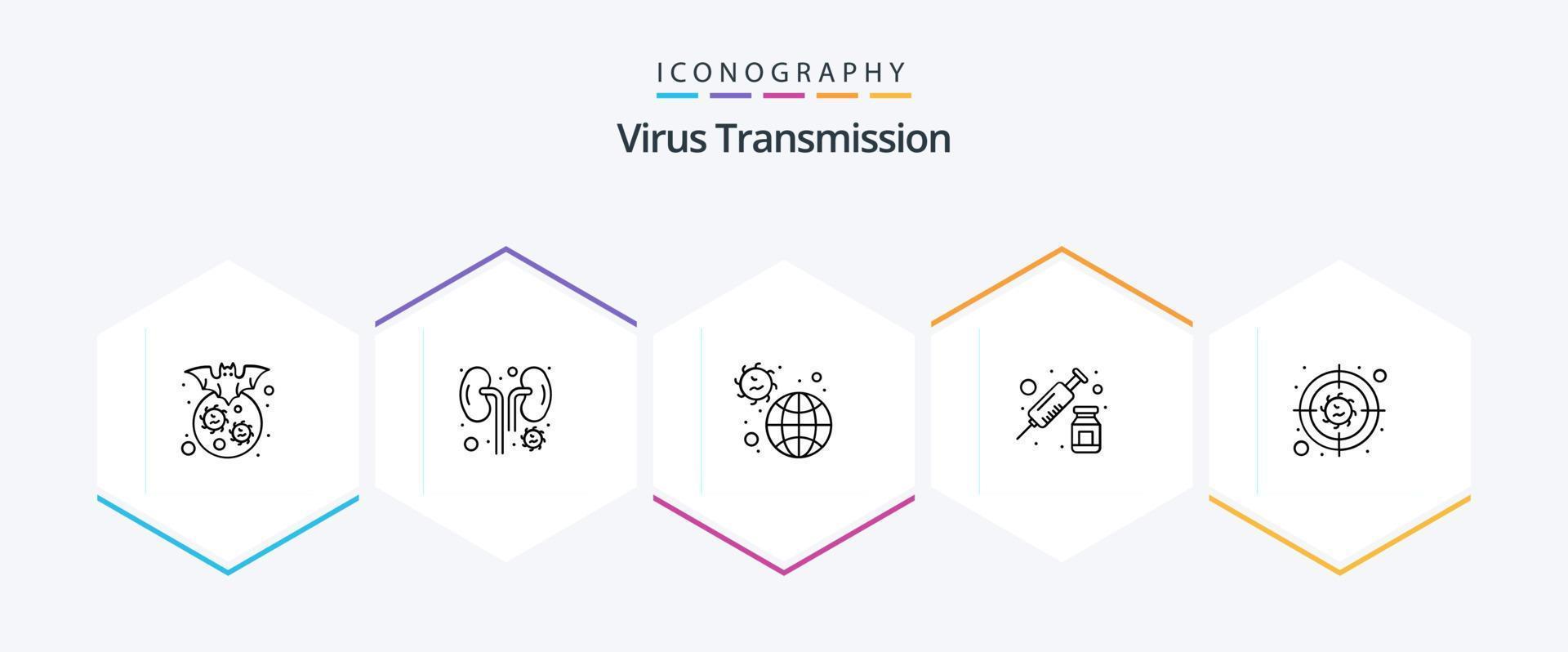 Virus Transmission 25 Line icon pack including bacteria. vaccine. disease. syringe. drugs vector