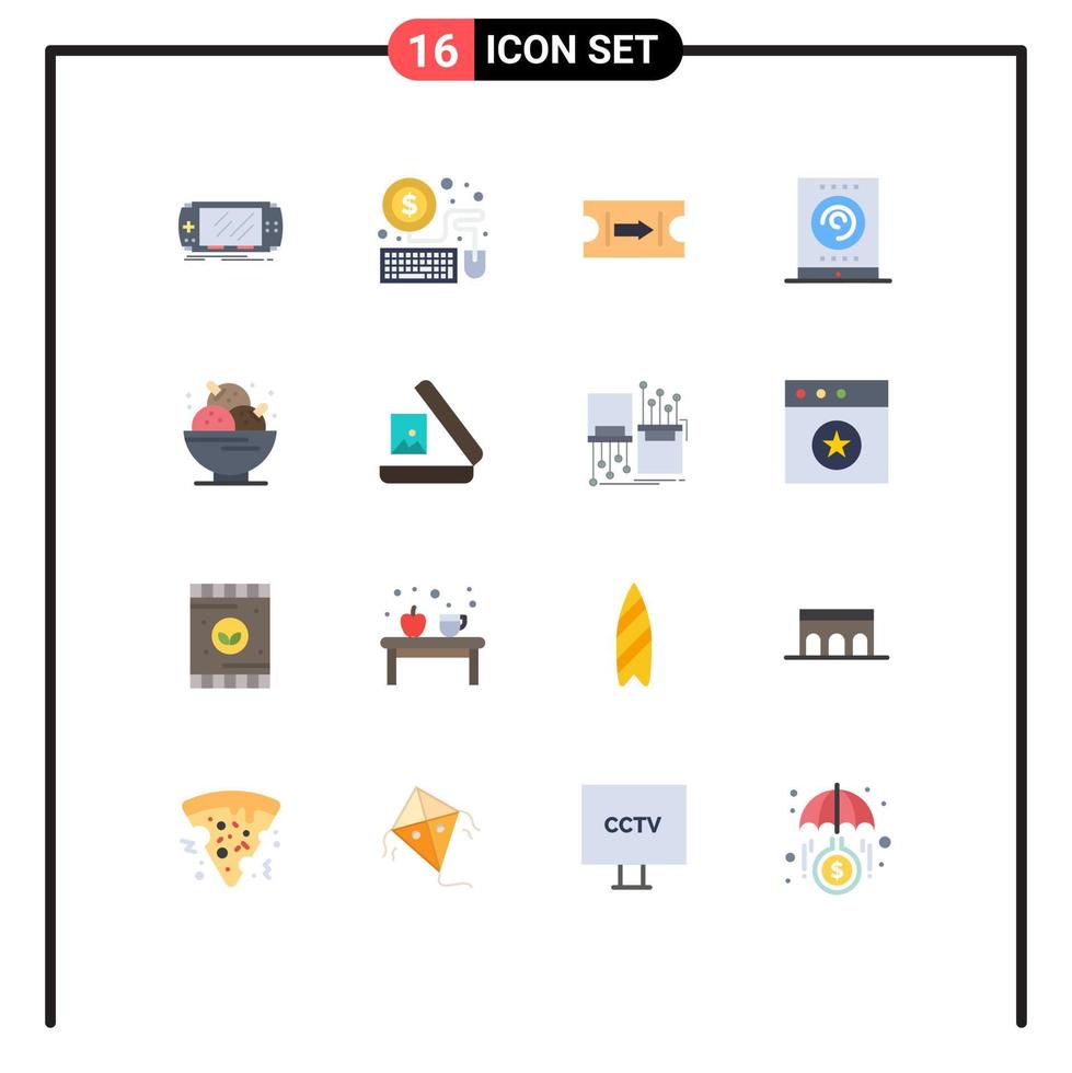 Pictogram Set of 16 Simple Flat Colors of ice cream birthday ticket tablet radio Editable Pack of Creative Vector Design Elements