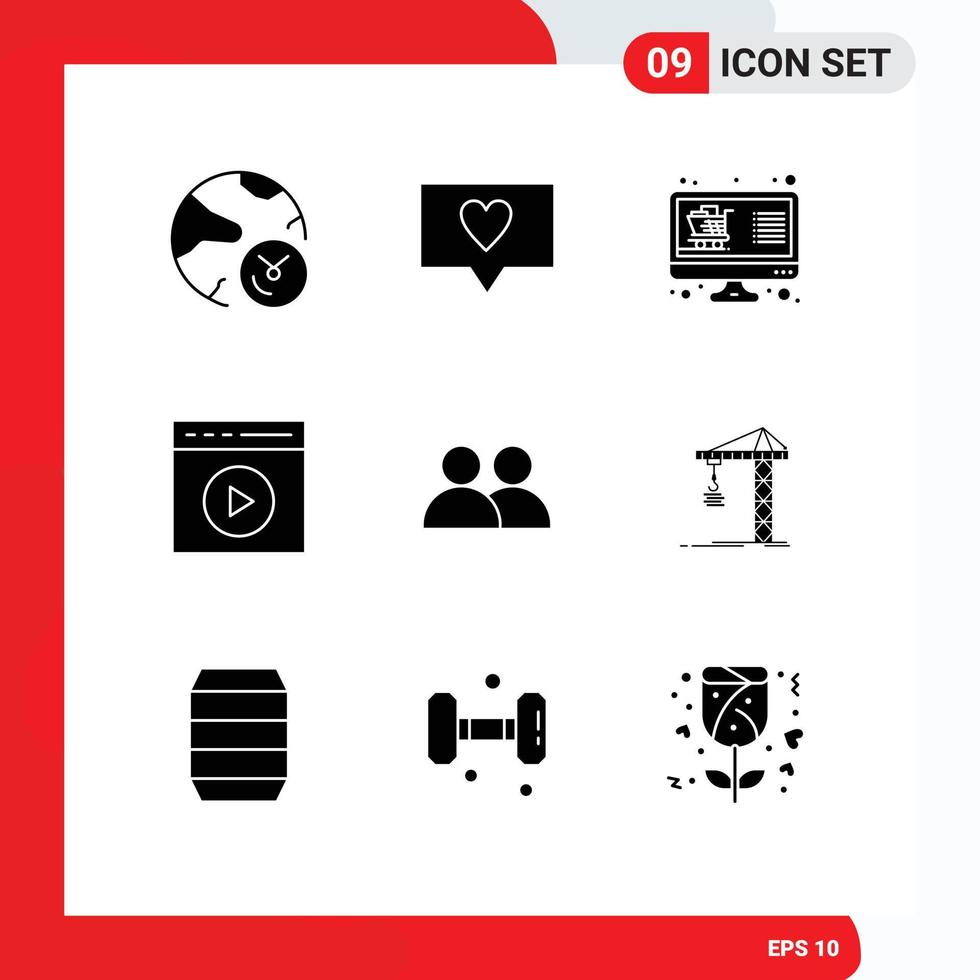 Set of 9 Commercial Solid Glyphs pack for watch video touch play buy media play list Editable Vector Design Elements