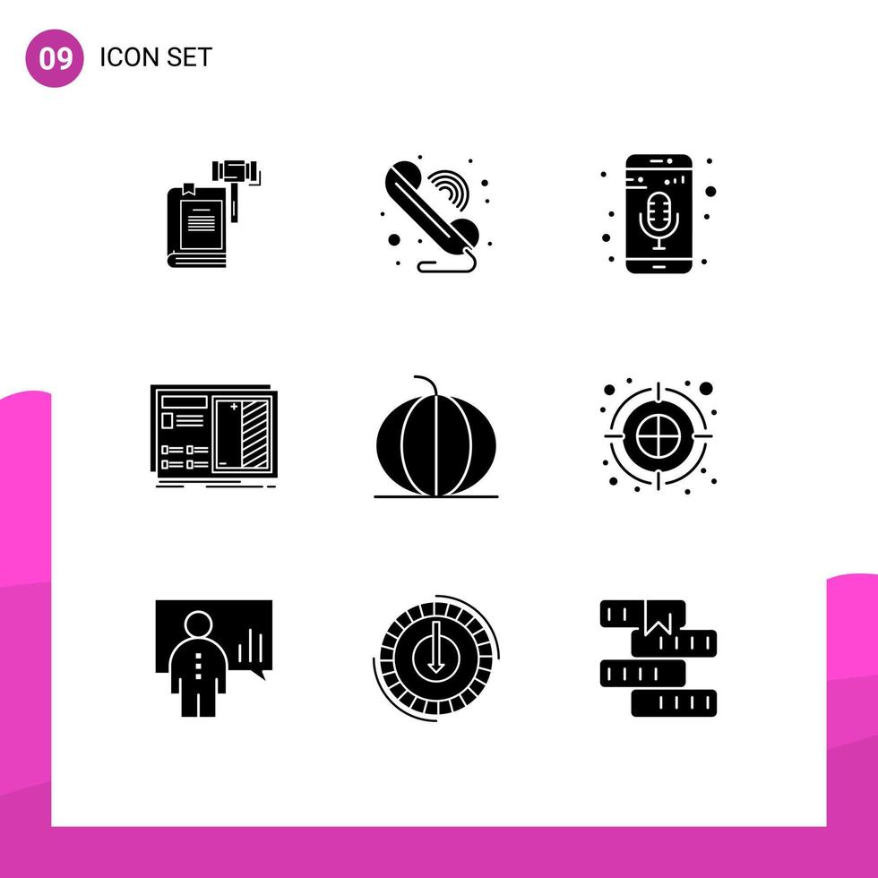 Pictogram Set of 9 Simple Solid Glyphs of drawing blueprint communication phone recorder mobile mic Editable Vector Design Elements