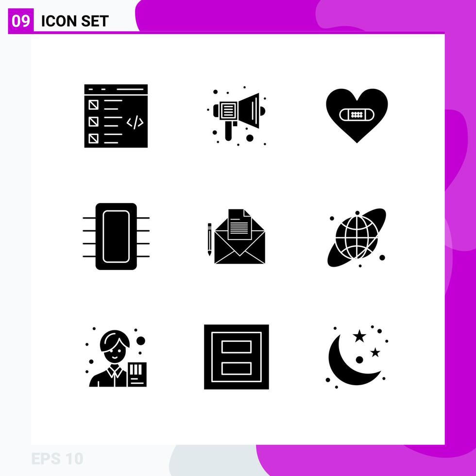 Group of 9 Solid Glyphs Signs and Symbols for devices board sound like heart Editable Vector Design Elements