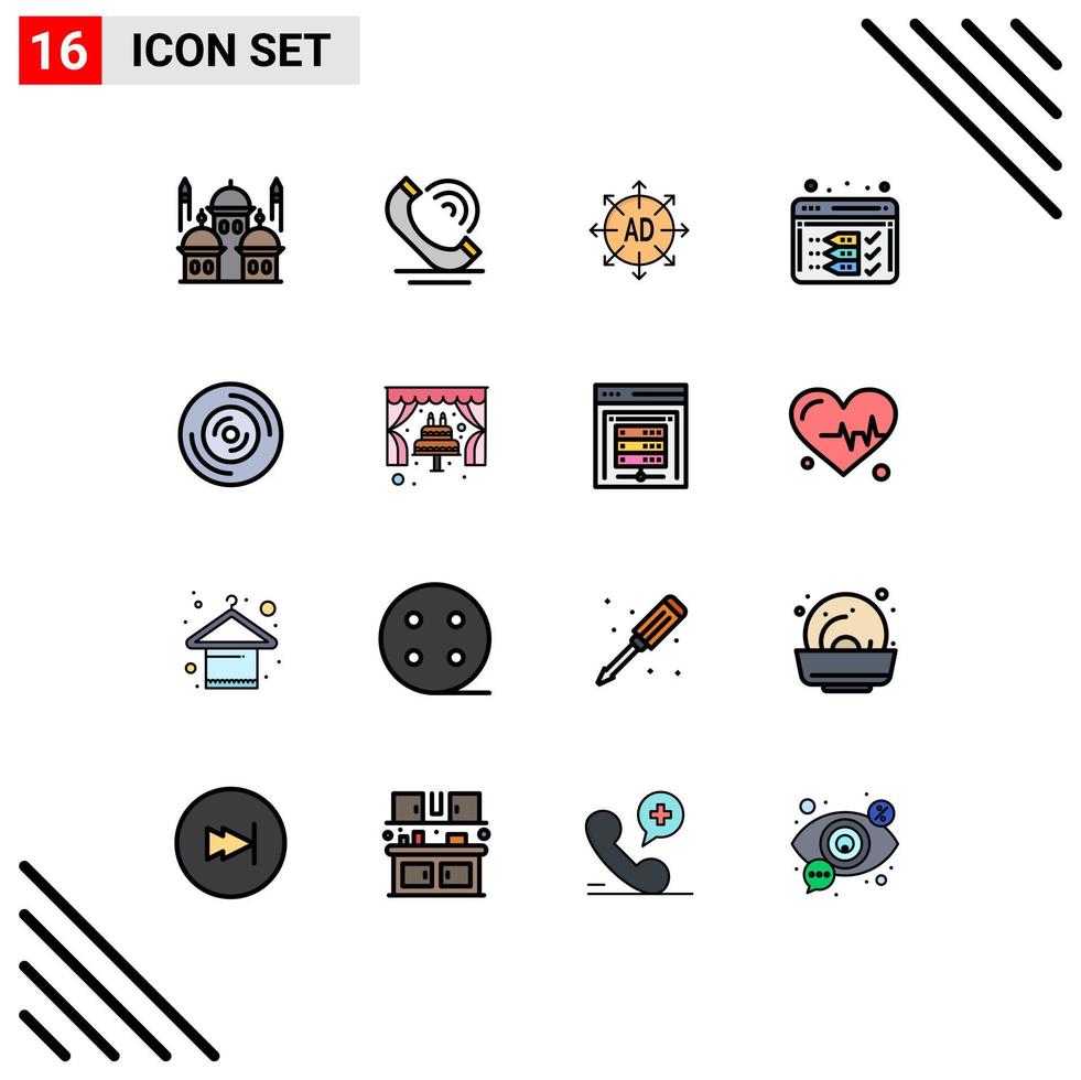 Group of 16 Modern Flat Color Filled Lines Set for disc optimize services development ad Editable Creative Vector Design Elements
