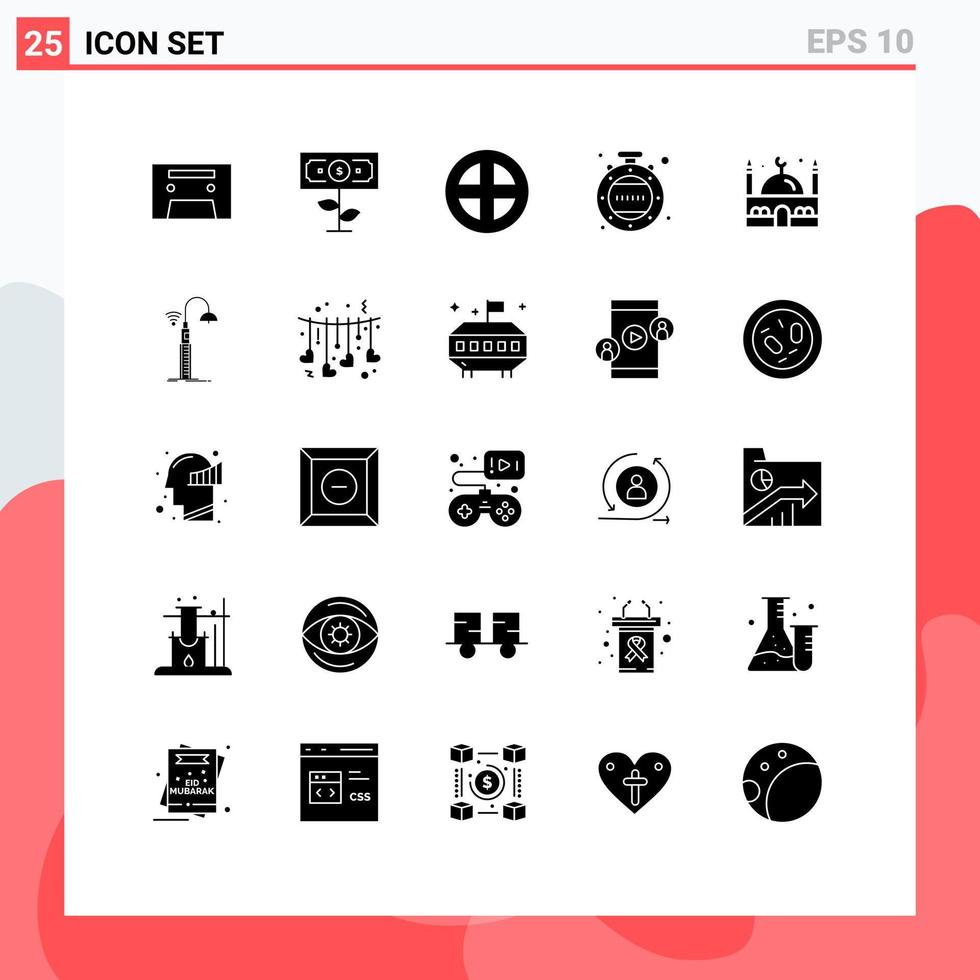 Editable Vector Line Pack of 25 Simple Solid Glyphs of muslim islam door timer clock Editable Vector Design Elements