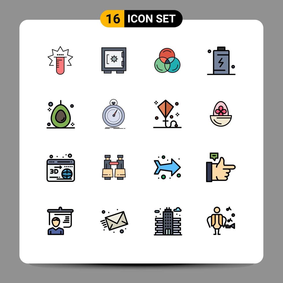 Pack of 16 Modern Flat Color Filled Lines Signs and Symbols for Web Print Media such as food energy rgb charging cell Editable Creative Vector Design Elements