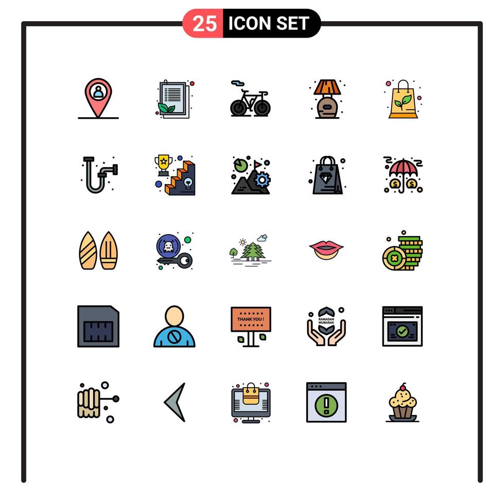 Set of 25 Commercial Filled line Flat Colors pack for construction ecology outline bag stand Editable Vector Design Elements