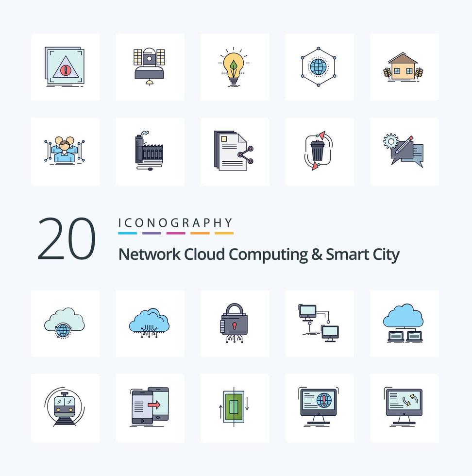 20 Network Cloud Computing And Smart City Line Filled Color icon Pack like lan  hosting secure lock vector