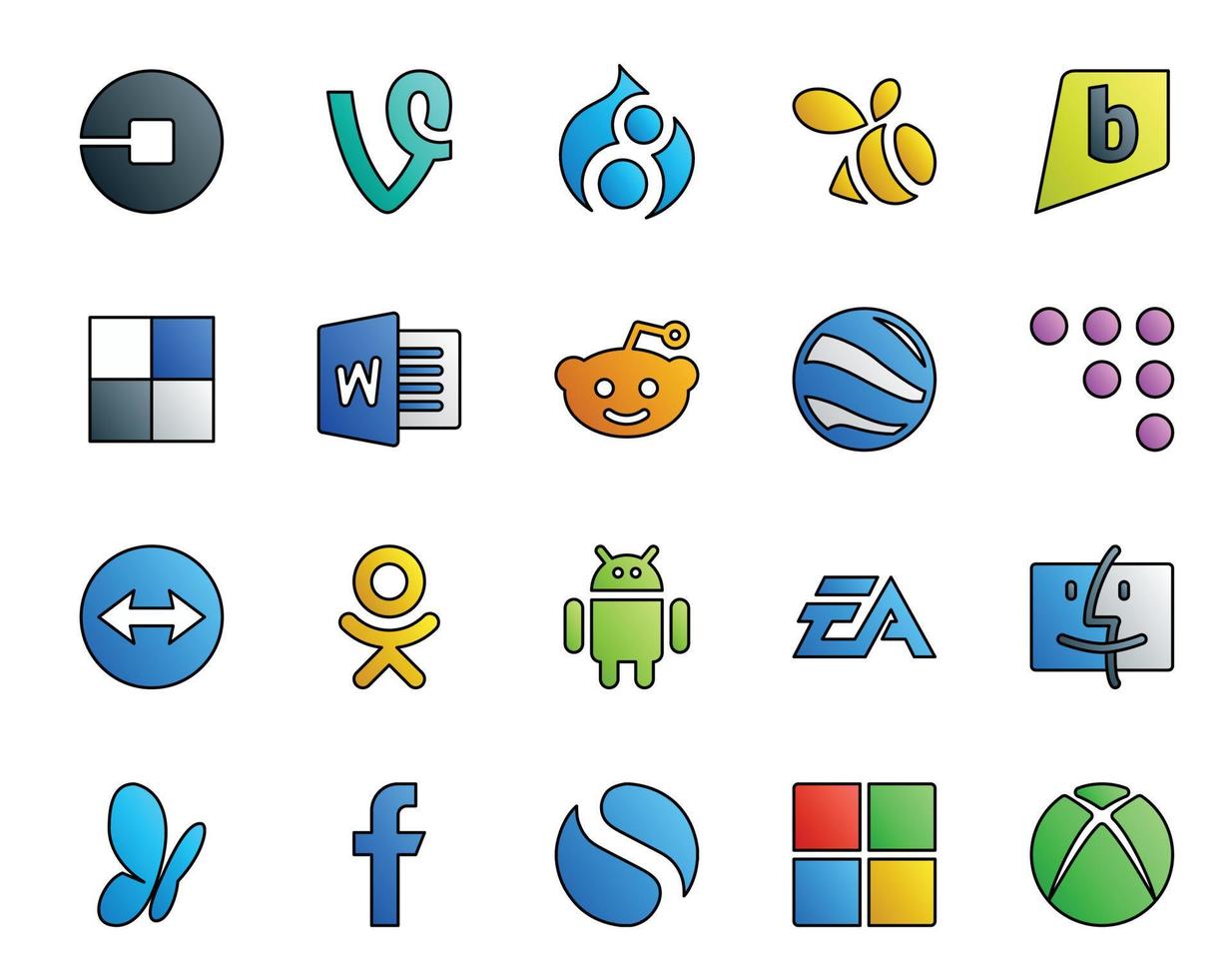 Paquete de 20 íconos de redes sociales que incluye deportes, electrónica, artes, word, android teamviewer vector