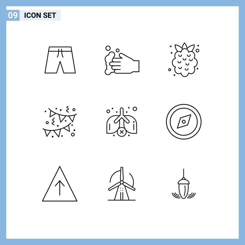 Editable Vector Line Pack of 9 Simple Outlines of waste lungs food party birthday Editable Vector Design Elements