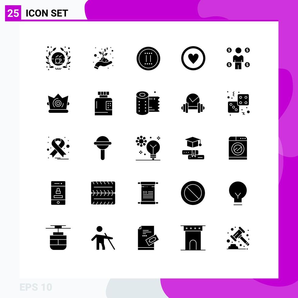 Group of 25 Solid Glyphs Signs and Symbols for coin business office sign love Editable Vector Design Elements