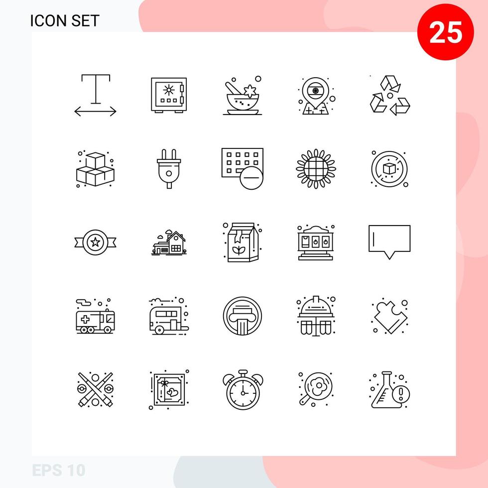 Pack of 25 Modern Lines Signs and Symbols for Web Print Media such as eco flag security country spa Editable Vector Design Elements