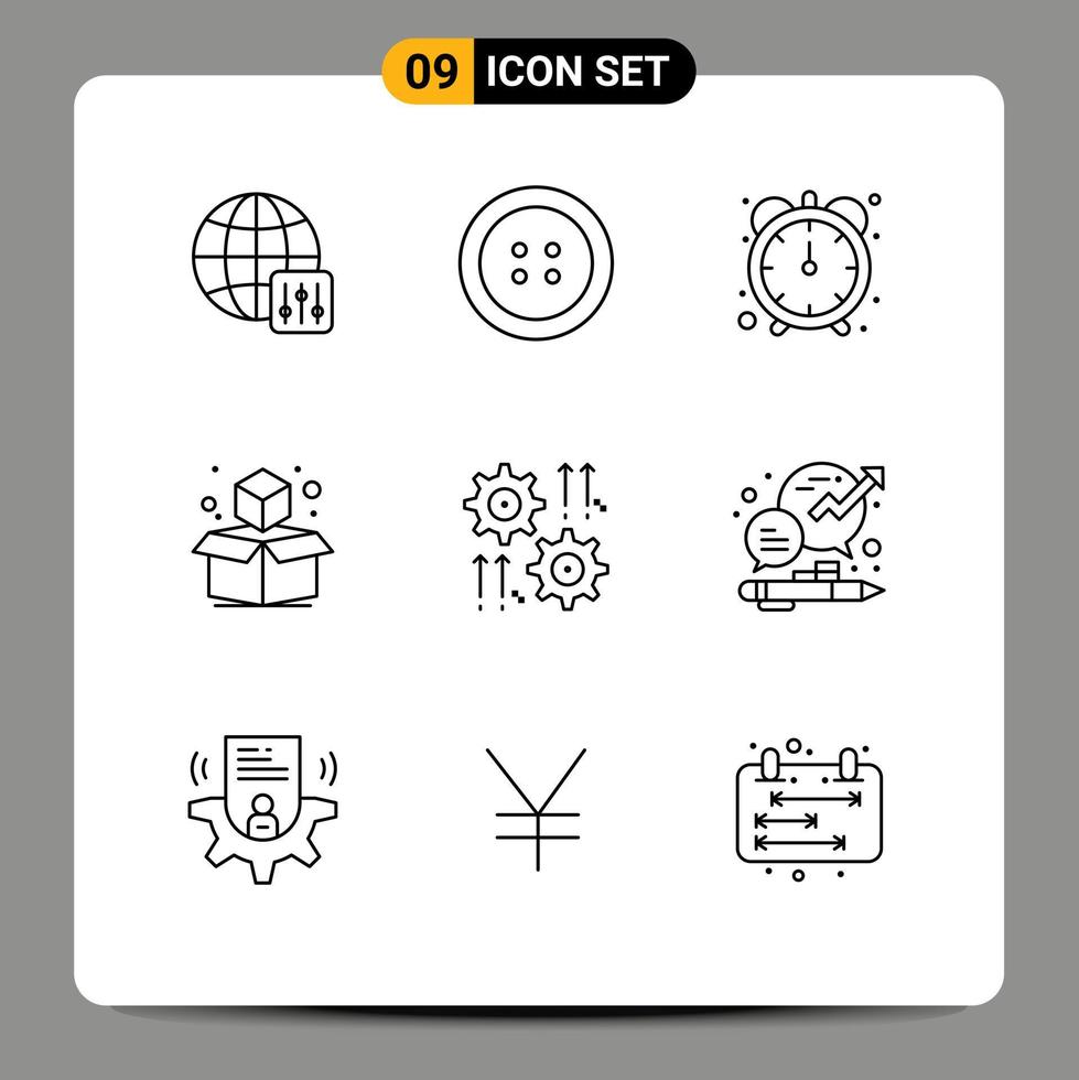 Set of 9 Modern UI Icons Symbols Signs for chat arrow cube wheel gear Editable Vector Design Elements