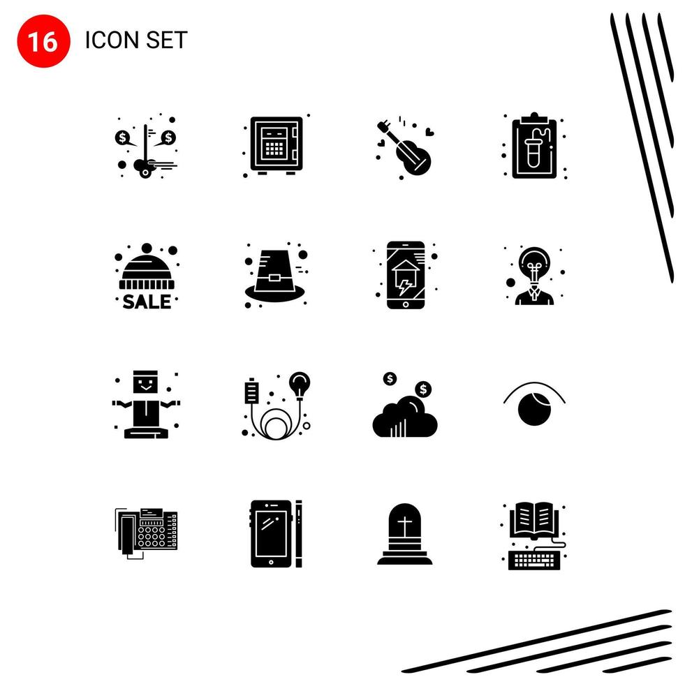 Pack of 16 creative Solid Glyphs of hat lab guitar record clipboard Editable Vector Design Elements