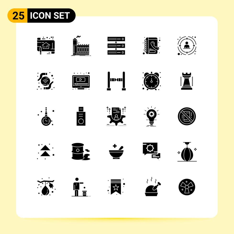 Solid Glyph Pack of 25 Universal Symbols of link contacts manufacturing book storage Editable Vector Design Elements