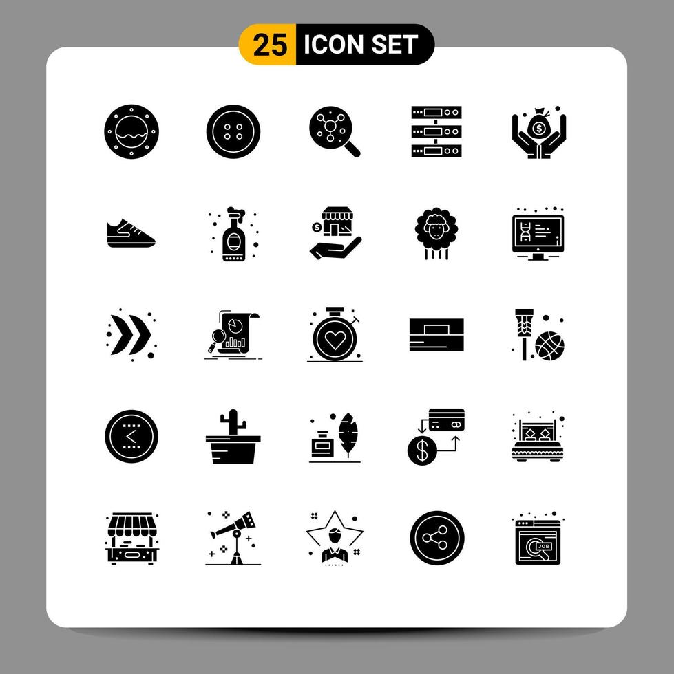 25 Universal Solid Glyphs Set for Web and Mobile Applications exercise money science insurance cloud Editable Vector Design Elements