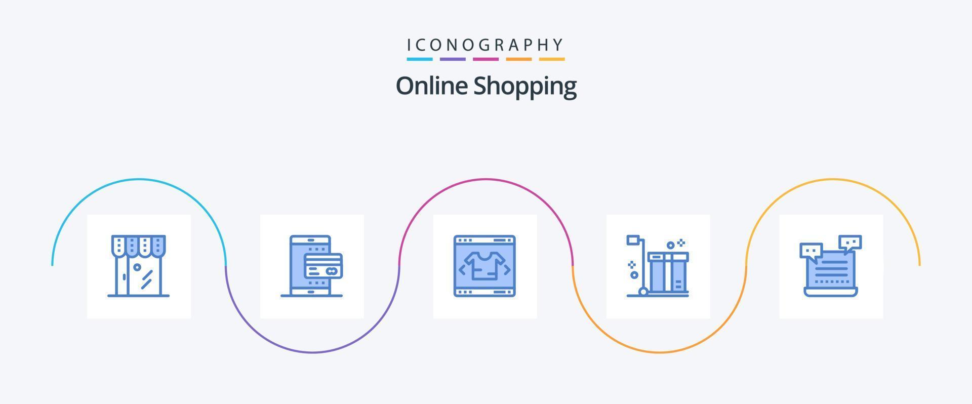 paquete de iconos azul 5 de compras en línea que incluye el embalaje. carro. pago. caja. en línea vector