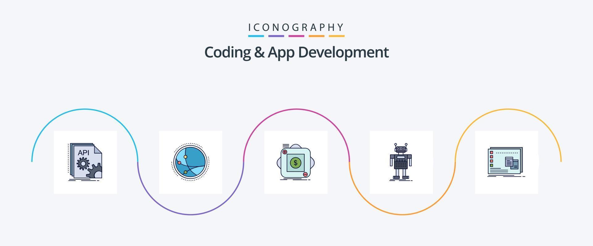 Coding And App Development Line Filled Flat 5 Icon Pack Including artificial. robot. internet. mobile. app vector