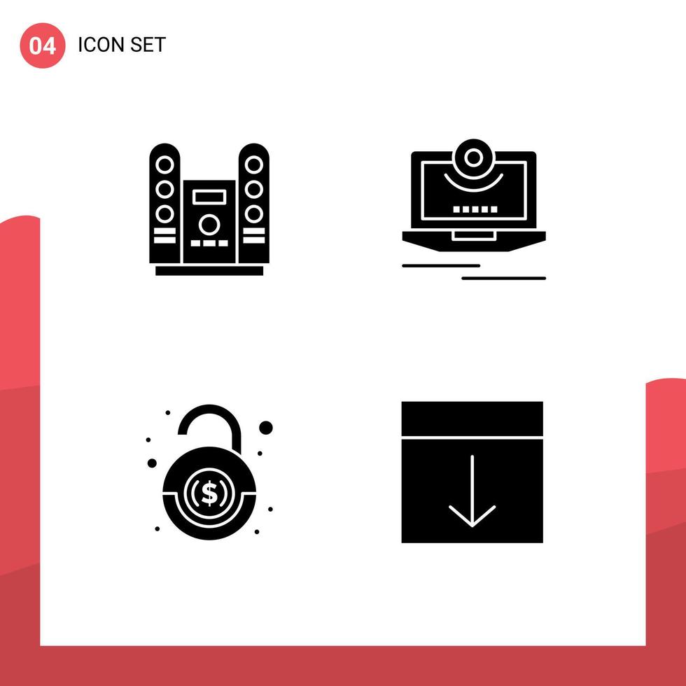 Pack of 4 Modern Solid Glyphs Signs and Symbols for Web Print Media such as cinema bank stage computer robbery Editable Vector Design Elements