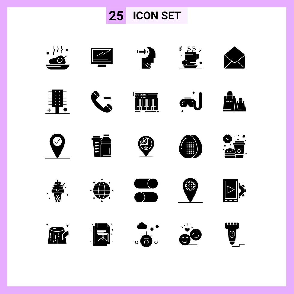 User Interface Pack of 25 Basic Solid Glyphs of business cup imac tea daubbell Editable Vector Design Elements