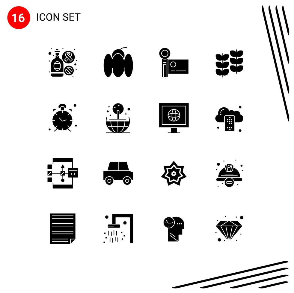 16 User Interface Solid Glyph Pack of modern Signs and Symbols of alarm plant camcorder leafe video camera Editable Vector Design Elements
