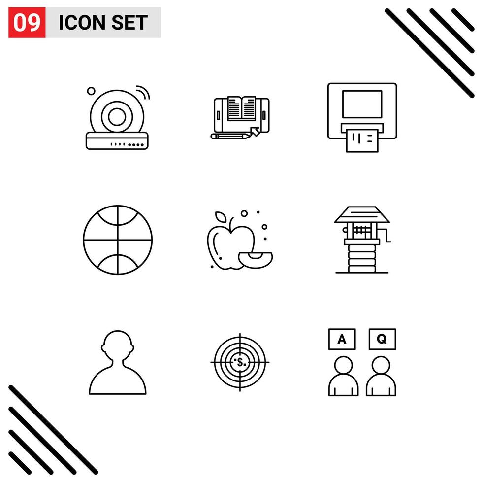 paquete de iconos de vector de stock de 9 signos y símbolos de línea para transferencia de alimentos agrícolas elementos de diseño de vector editables de baloncesto de manzana