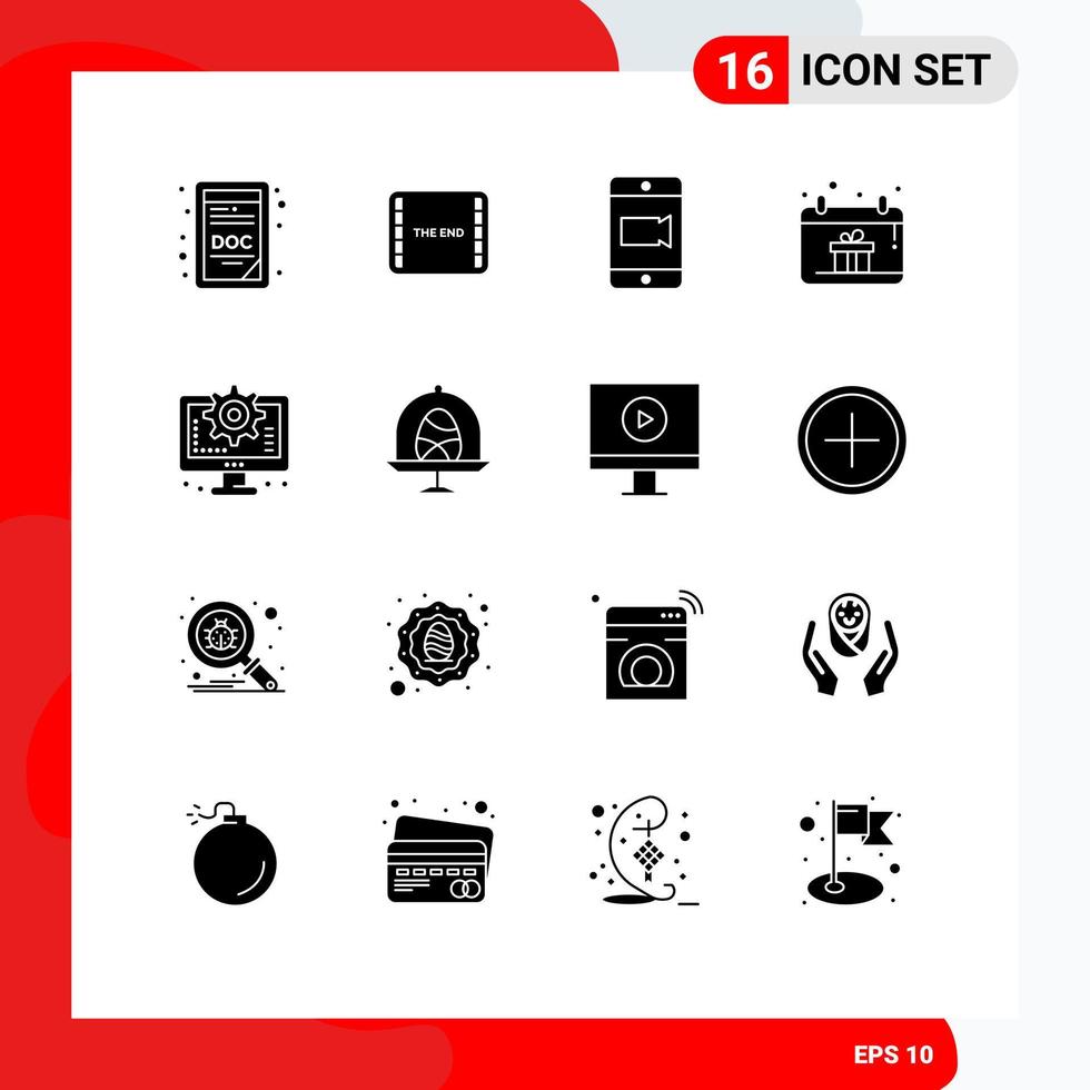 16 Universal Solid Glyph Signs Symbols of setting interface video computer hand Editable Vector Design Elements