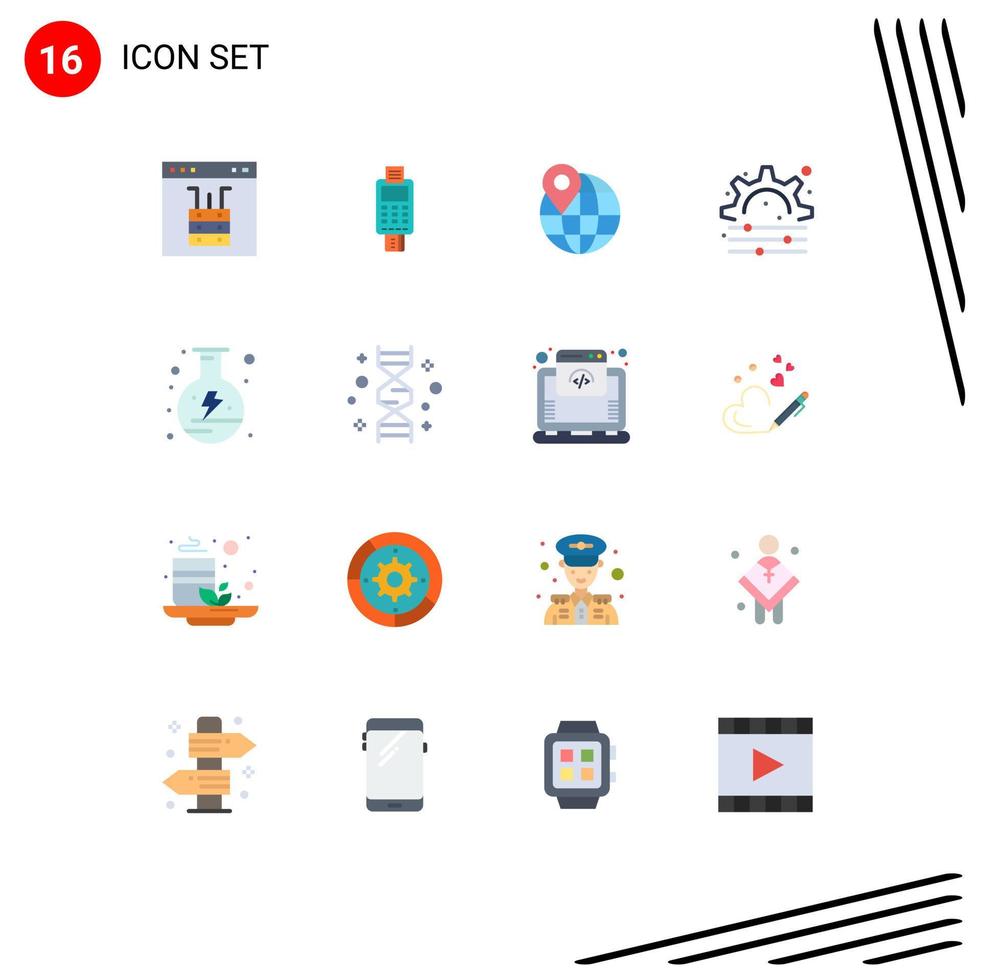 Set of 16 Commercial Flat Colors pack for gear creative check pin globe Editable Pack of Creative Vector Design Elements