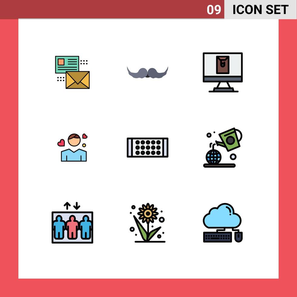 Mobile Interface Filledline Flat Color Set of 9 Pictograms of person boy movember man envelope Editable Vector Design Elements