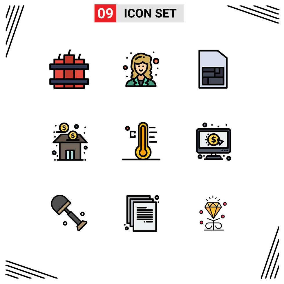 Mobile Interface Filledline Flat Color Set of 9 Pictograms of rainy cloud sim stock finance Editable Vector Design Elements